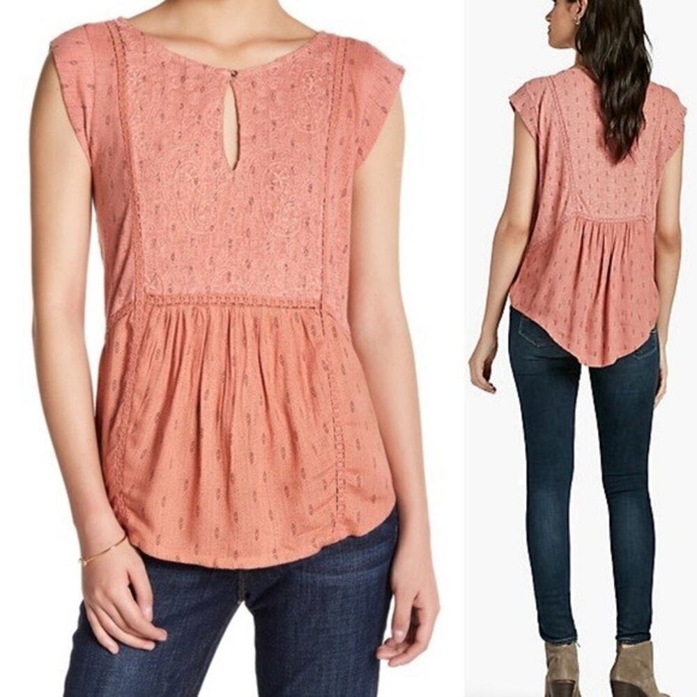 Lucky Brand Size Large Linen Blend Embroidered Keyhole Cap Sleeve Top Orange